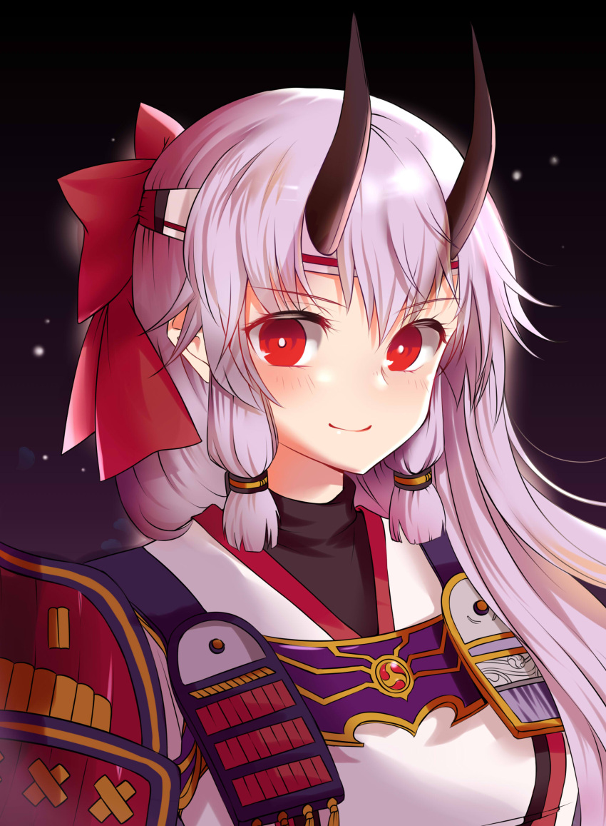 1girl absurdres armor blush breasts fate/grand_order fate_(series) hair_between_eyes hair_ribbon headband highres horns japanese_armor japanese_clothes kimono long_hair looking_at_viewer mariial oni_horns ponytail red_eyes ribbon silver_hair smile solo tomoe_gozen_(fate/grand_order) upper_body very_long_hair white_kimono