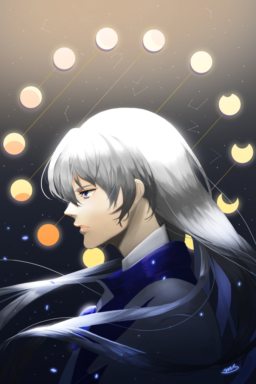 1boy artist_request blue_eyes card_captor_sakura face from_side hair_between_eyes highres long_hair male_focus moon moon_phases parted_lips profile serious signature silver_hair solo very_long_hair yue_(ccs)