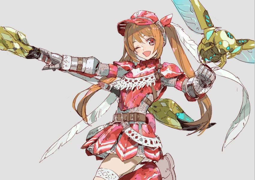 1girl ;d alternate_costume alternate_headwear alternate_weapon armor armored_dress belt breastplate brown_hair chainmail cosplay eiyuu_densetsu estelle_bright faulds gauntlets gloves highres holding holding_weapon long_hair looking_at_viewer monster_hunter nishihara_isao one_eye_closed open_mouth pauldrons red_eyes smile solo sora_no_kiseki weapon