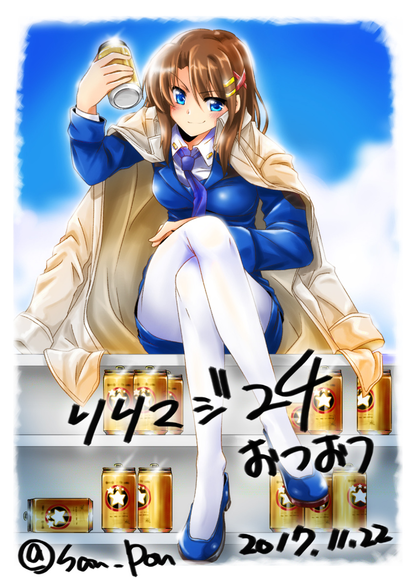 1girl alcohol beer blue_eyes blue_footwear blue_jacket blue_neckwear blue_skirt brown_hair closed_mouth commentary_request dasuto dated dress_shirt eyebrows_visible_through_hair flats full_body hair_ornament hand_on_own_thigh highres holding jacket jacket_on_shoulders legs_crossed long_hair long_sleeves looking_at_viewer lyrical_nanoha military military_uniform miniskirt necktie pantyhose pencil_skirt shirt short_hair sitting skirt smirk solo translation_request tsab_naval_military_uniform twitter_username uniform v-shaped_eyebrows white_coat white_legwear white_shirt x_hair_ornament yagami_hayate