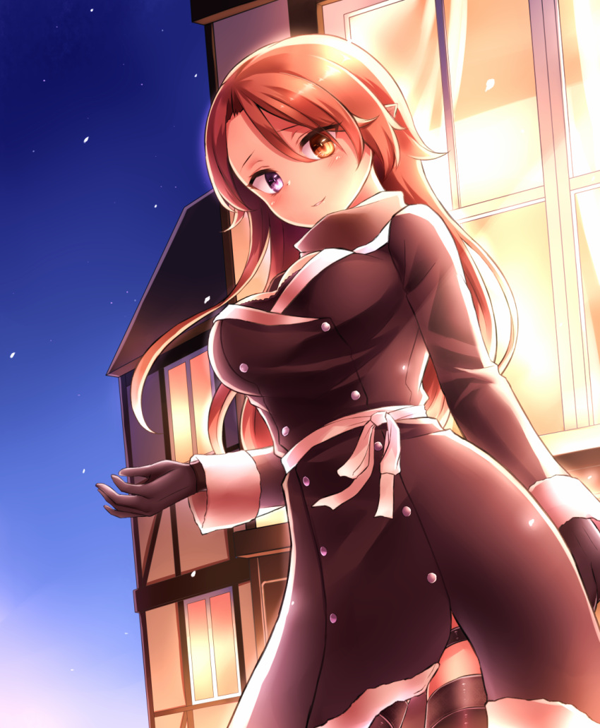 1girl breasts brown_eyes brown_hair coat commentary_request cowboy_shot gloves hair_between_eyes hand_up highres large_breasts long_sleeves looking_at_viewer neit_ni_sei night night_sky original scarf sky smile snowing solo standing thigh-highs window