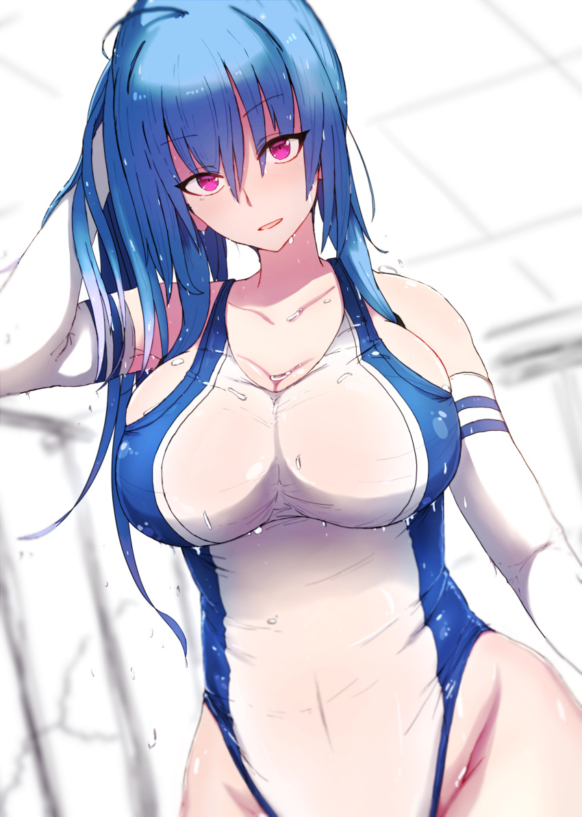 1girl adjusting_hair ahoge arm_at_side arm_up azur_lane bakuretsu_tenshi bangsy bare_shoulders blue_hair blurry blurry_background blush breasts cleavage collarbone competition_swimsuit covered_navel dripping elbow_gloves eyebrows_visible_through_hair gloves groin hand_in_hair highres indoors large_breasts long_hair looking_at_viewer one-piece_swimsuit pink_eyes ponytail shiworiita skin_tight solo st._louis_(azur_lane) standing swimsuit tsurime upper_body water wet wet_clothes wet_swimsuit white_gloves white_swimsuit