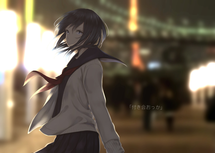 1girl backlighting bangs black_hair black_serafuku blue_eyes blurry blurry_background closed_mouth cowboy_shot crowd depth_of_field from_side highres jacket long_sleeves looking_at_viewer looking_to_the_side neckerchief night open_clothes open_jacket original outdoors red_neckwear saitou_(lynx-shrike) school_uniform serafuku short_hair smile solo_focus standing tareme translation_request white_jacket