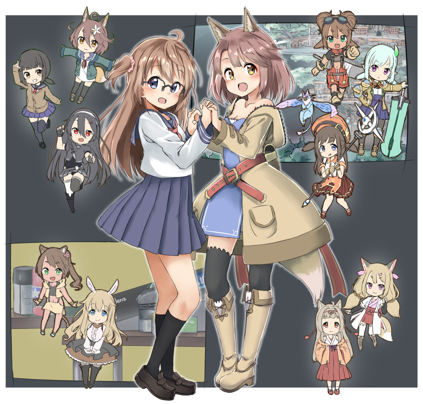 6+girls :3 :d absurdres ahoge amemiya_sekira animal_ears arm_up bangs bare_shoulders beige_jacket beige_skirt belt_buckle black-framed_eyewear black_footwear black_gloves black_hair black_legwear black_leotard black_skirt blue_eyes blue_skirt blush boots bracelet braid breasts bridal_gauntlets brown_belt brown_coat brown_eyes brown_footwear brown_gloves brown_hair brown_shorts buckle cardigan cat_ears cat_girl cat_tail center_frills cleavage closed_mouth coat collarbone commentary_request covered_navel cropped_jacket cross-laced_footwear crossed_belts dress eyebrows_visible_through_hair fang fingerless_gloves fox_ears fox_girl fox_tail frills gloves goggles goggles_on_head green_eyes green_hair green_jacket grey_jacket grey_skirt griffin grin hair_between_eyes hair_ornament hair_scrunchie hairband hairclip hakama hand_holding hand_on_hilt hand_on_hip hat high-waist_skirt highleg highleg_leotard highres holding holding_staff hood hood_down hooded_coat huge_weapon index_finger_raised interlocked_fingers jacket japanese_clothes jewelry knee_boots kneehighs kuramote_mei lace-up_boots leaf_hair_ornament leotard light_brown_hair loafers long_hair long_sleeves looking_at_viewer looking_to_the_side low_twintails miko mismatched_legwear multiple_girls neckerchief necktie off_shoulder open_mouth orange_hat original over-rim_eyewear pantyhose petals pink_eyes pink_scrunchie pleated_skirt ponytail rabbit_ears red_eyes red_footwear red_hakama red_neckwear red_ribbon ribbon ribbon-trimmed_legwear ribbon_trim sailor_dress school_uniform scrunchie sekira_ame serafuku shirt shoes short_hair short_sleeves shorts side_braid side_ponytail skirt sleeveless_jacket sleeves_past_wrists small_breasts smile socks staff standing standing_on_one_leg strapless strapless_dress suspender_shorts suspender_skirt suspenders tabi table tail thick_eyebrows thigh-highs twintails two_side_up upper_teeth v-shaped_eyebrows v_arms very_long_hair weapon white_dress white_hairband white_shirt wings yellow_eyes yukimura_kabosu zouri