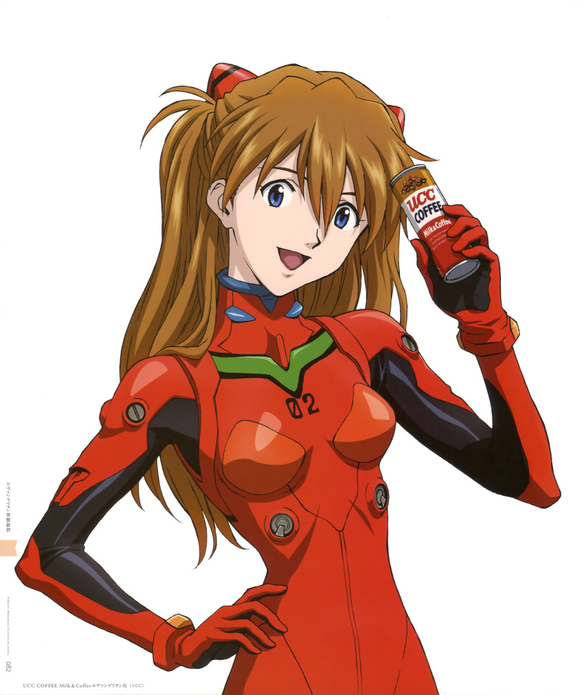 1girl absurdres blue_eyes bodysuit brown_hair can canned_coffee coffee evangelion:_2.0_you_can_(not)_advance hair_ornament hand_on_hip highres holding long_hair looking_at_viewer matsubara_hidenori neon_genesis_evangelion official_art open_mouth page_number pilot_suit plugsuit product_placement rebuild_of_evangelion scan simple_background smile solo souryuu_asuka_langley turtleneck two_side_up ucc_coffee upper_body white_background