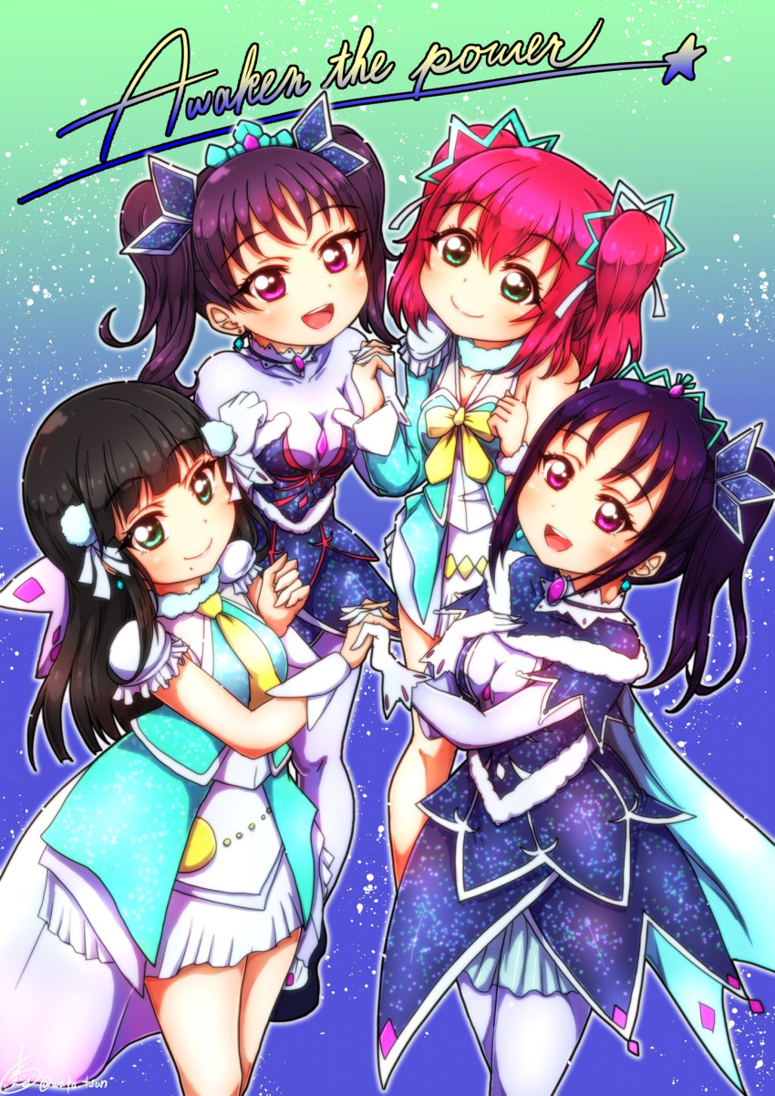 4girls :d awaken_the_power bangs black_hair bow bowtie breasts brooch cleavage dress earrings eyebrows_visible_through_hair frilled_sleeves frills gloves gradient gradient_background green_eyes hand_holding hand_on_own_chest highres jewelry kazuno_leah kazuno_sarah kurosawa_dia kurosawa_ruby long_hair long_sleeves looking_at_viewer love_live! love_live!_sunshine!! mole mole_under_mouth multiple_girls necklace necktie open_mouth pom_pom_(clothes) purple_hair redhead short_sleeves side_ponytail signature smile song_name tiara twintails twitter_username two_side_up upper_teeth violet_eyes waist_cape wata_tsun white_gloves yellow_neckwear