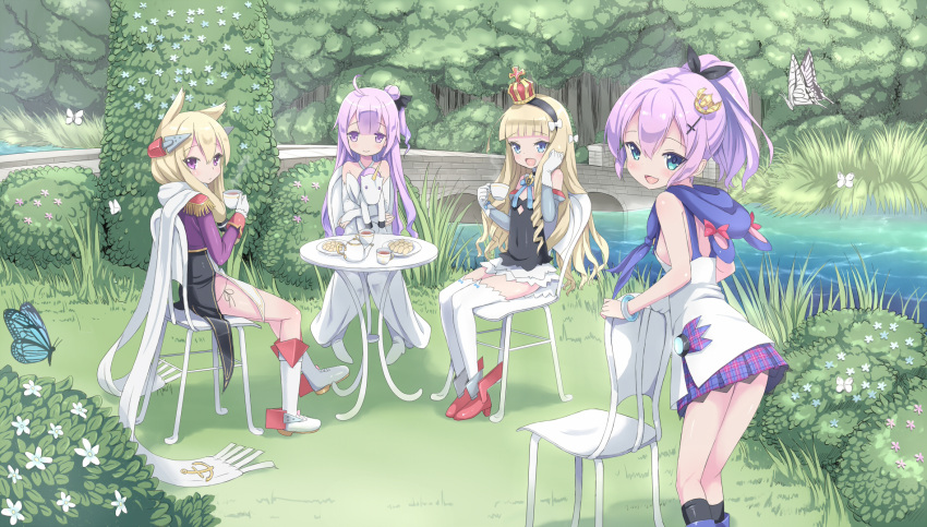 4girls :d ahoge anchor_symbol animal animal_ears azur_lane bangs bare_shoulders black_hairband black_legwear black_panties black_ribbon black_shirt blonde_hair blue_eyes blue_flower blue_skirt boots bow bridal_gauntlets bridge bush butter camisole cat_ears chair closed_mouth commentary_request cookie criss-cross_halter cropped_jacket crown cup day dress eyebrows_visible_through_hair flower food forest hair_between_eyes hair_bow hair_bun hair_ribbon hairband halterneck headgear high_ponytail highres jacket javelin_(azur_lane) kimagure_blue knee_boots kneehighs long_sleeves looking_at_viewer looking_to_the_side mini_crown multiple_girls nature on_chair one_side_up open_mouth outdoors panties pink_flower plaid plaid_skirt plate pleated_skirt ponytail purple_footwear purple_hair purple_jacket queen_elizabeth_(azur_lane) red_footwear ribbon rudder_shoes scarf shirt short_hair_with_long_locks side-tie_panties side_bun sitting skirt sleeveless sleeveless_dress smile standing table tea teacup teapot thigh-highs underwear unicorn_(azur_lane) violet_eyes warspite_(azur_lane) white_bow white_camisole white_dress white_flower white_footwear white_scarf white_skirt