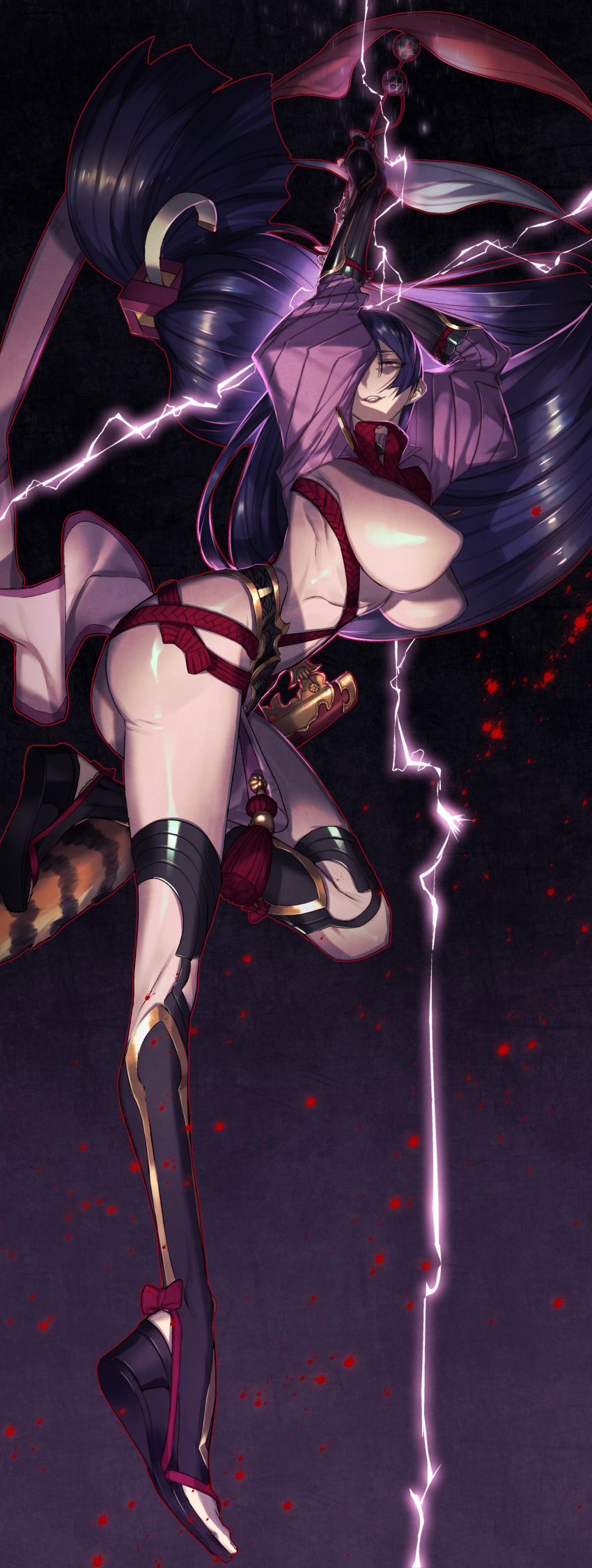 1girl absurdres arm_guards bodystocking breasts dark_background erect_nipples evil_smile fate/grand_order fate_(series) glowing glowing_eyes highres large_breasts long_hair looking_at_viewer minamoto_no_raikou_(fate/grand_order) purple_hair rokuji scabbard sheath smile solo very_long_hair