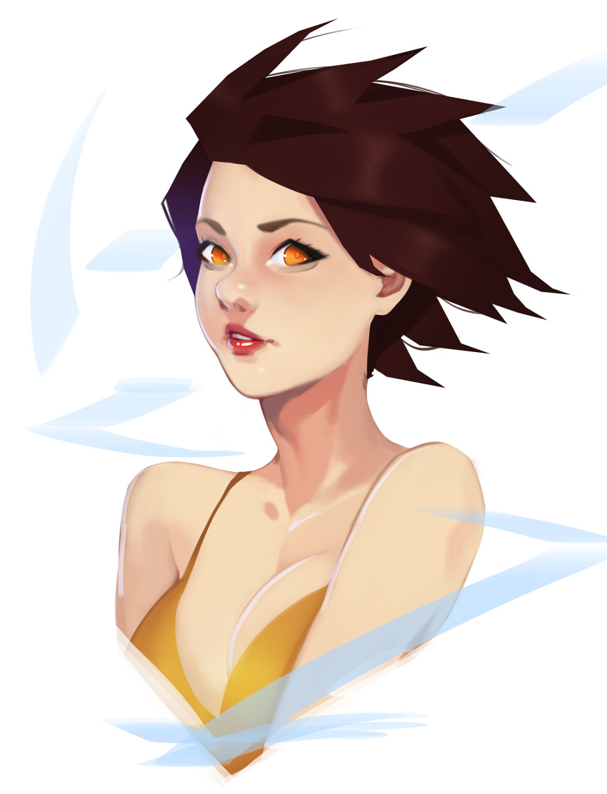 1girl breasts brown_hair cleavage collarbone commentary dress highres light_smile lipgloss looking_at_viewer making_of medium_breasts nose orange_dress orange_eyes overwatch parted_lips portrait red_lips short_hair simple_background sleeveless sleeveless_dress solo spaghetti_strap spiky_hair tracer_(overwatch) white_background yeedeea