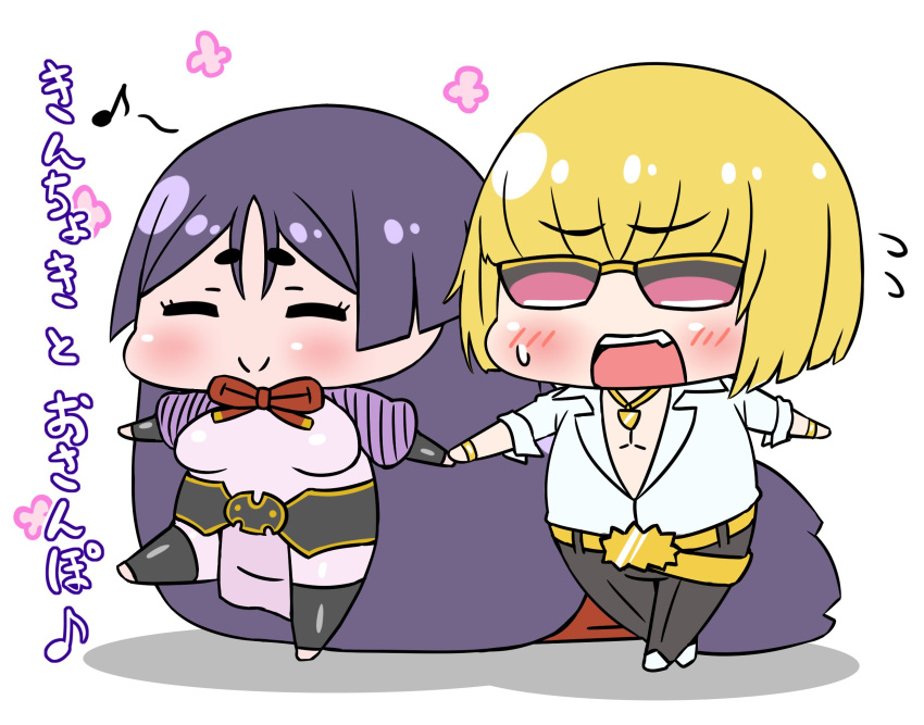 1boy 1girl absurdly_long_hair bangs belt black_pants blonde_hair bodysuit chibi closed_eyes closed_mouth collared_shirt commentary_request eyebrows_visible_through_hair facing_viewer fate/grand_order fate_(series) flying_sweatdrops highres holding_hand jewelry leg_up long_hair low-tied_long_hair musical_note necklace open_mouth pants pelvic_curtain puffy_sleeves purple_hair rei_(rei_rr) sakata_kintoki_(fate/grand_order) sash shirt spoken_musical_note standing standing_on_one_leg sunglasses sweatdrop thigh-highs very_long_hair white_shirt