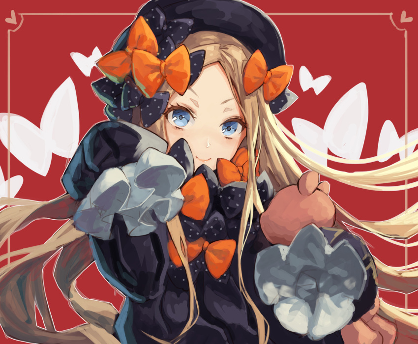 1girl abigail_williams_(fate/grand_order) bangs black_bow black_dress black_hat blonde_hair blue_eyes bow butterfly closed_mouth commentary_request dress fate/grand_order fate_(series) forehead hair_bow hat long_sleeves looking_at_viewer object_hug orange_bow parted_bangs polka_dot polka_dot_bow sleeves_past_wrists smile solo stuffed_animal stuffed_toy tamarashi teddy_bear v-shaped_eyebrows