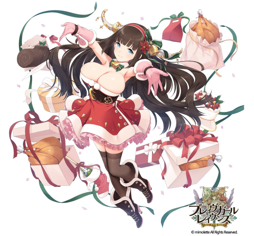 1girl bangs bare_shoulders bell black_legwear blue_eyes boots bottle box brave_girl_ravens breasts brown_hair cake cleavage commentary_request confetti copyright_name detached_collar dress elbow_gloves eyebrows_visible_through_hair f-cla food full_body fur_trim gift gift_box gloves hair_ornament hairband highres horns huge_breasts knee_boots logo long_hair looking_at_viewer miruru_dize official_art pink_gloves pom_pom_(clothes) ribbon simple_background smile solo strapless strapless_dress thigh-highs turkey_(food) white_background zettai_ryouiki