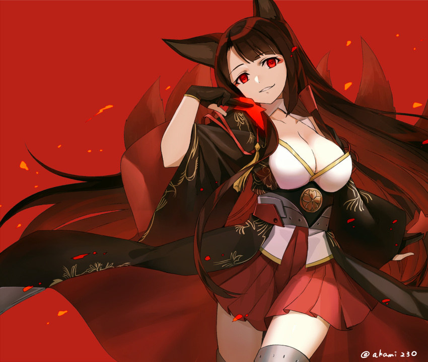 1girl akagi_(azur_lane) animal_ears arm_at_side azur_lane black_gloves breasts brown_hair cleavage collarbone cowboy_shot eyebrows_visible_through_hair fox_ears fox_girl fox_tail fumio_(kanmi) gloves hand_up head_tilt highres japanese_clothes kimono kitsune large_breasts long_hair long_sleeves looking_at_viewer makeup obi open_clothes parted_lips partly_fingerless_gloves pleated_skirt pointing pointing_at_self red_background red_eyes red_skirt sash simple_background skirt smile solo standing tail tassel thigh-highs twitter_username underbust very_long_hair white_kimono wide_sleeves zettai_ryouiki