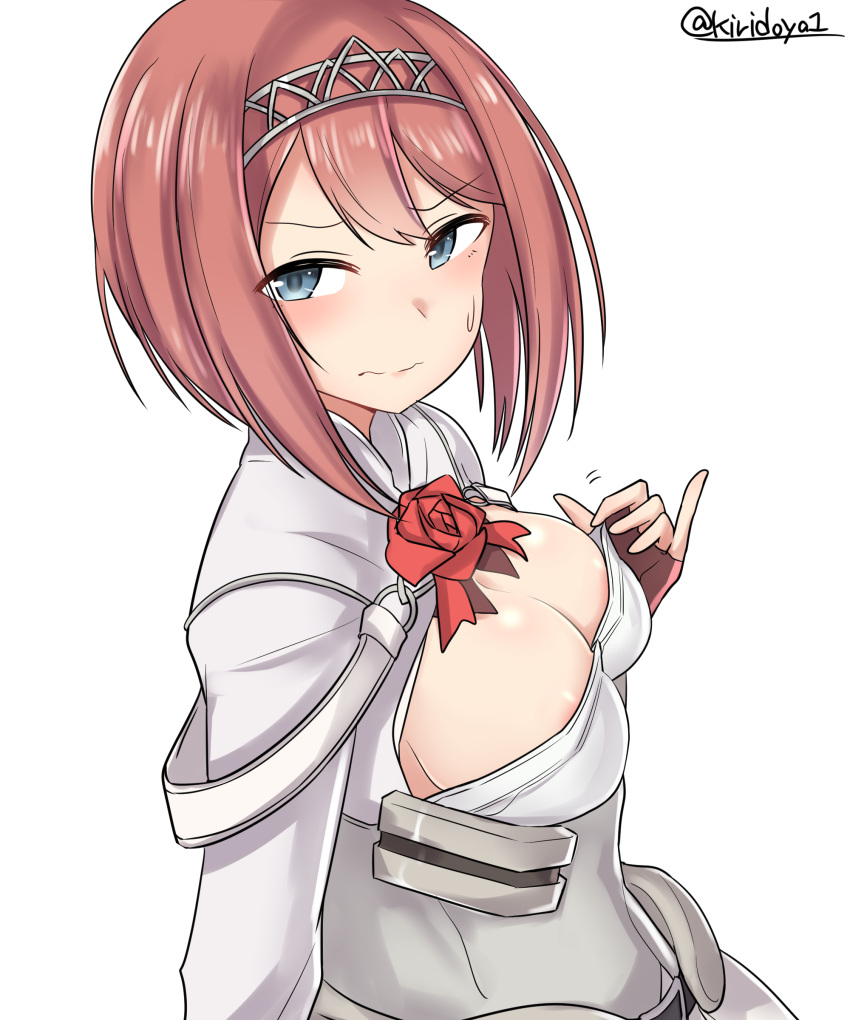 1girl absurdres ark_royal_(kantai_collection) blue_eyes breasts brown_gloves corset fingerless_gloves gloves hairband highres jacket kantai_collection kiritto long_sleeves medium_breasts red_ribbon redhead ribbon short_hair simple_background solo tiara twitter_username white_background white_corset white_jacket