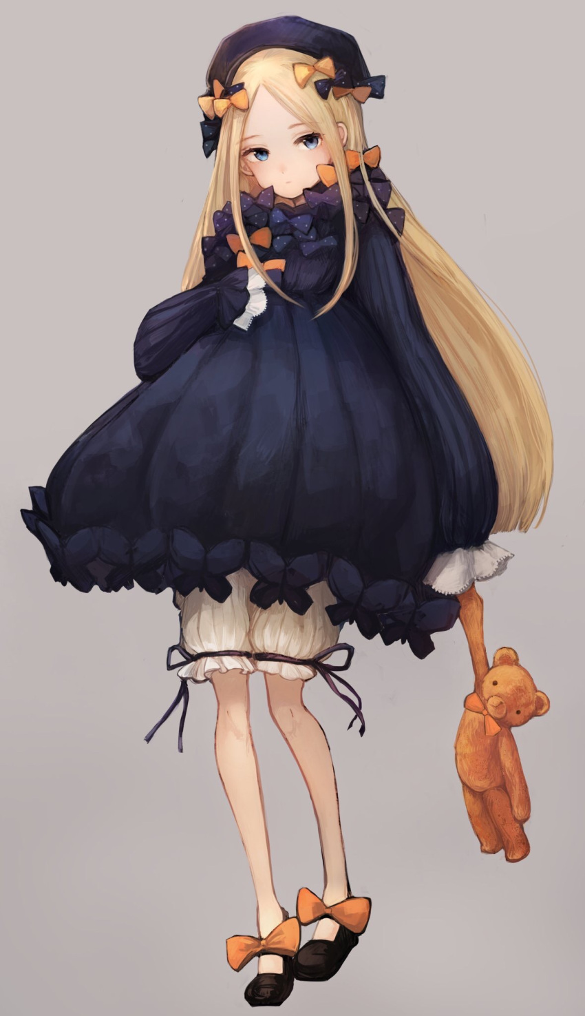 1girl abigail_williams_(fate/grand_order) bangs black_bow black_dress black_footwear black_hat blonde_hair bloomers blue_eyes bow brown_background butterfly closed_mouth commentary_request dress eyebrows_visible_through_hair fate/grand_order fate_(series) forehead full_body hair_bow hat head_tilt highres holding holding_stuffed_animal long_sleeves looking_at_viewer orange_bow parted_bangs pericokitajima polka_dot polka_dot_bow shoes simple_background sleeves_past_wrists solo standing stuffed_animal stuffed_toy teddy_bear underwear white_bloomers