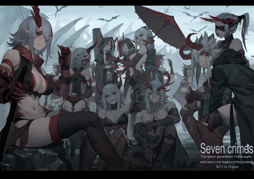 4boys 6+girls :d absurdres arched_back arm_up armor armpits back backless_outfit bangs bare_back bare_shoulders black_coat black_legwear black_sclera blank_eyes blindfold braid breasts cleavage cleavage_cutout cloak closed_mouth clouds cloudy_sky collar collarbone covered_eyes crop_top cup dated demon_horns dragon english facepaint fangs feather_trim gauntlets gods_(1073337800) grey_hair hair_between_eyes hair_over_one_eye hand_up highres holding holding_cup holding_sword holding_weapon hood hood_down hooded_coat horn horns jewelry knee_up knees_up large_breasts legs_crossed long_sleeves looking_at_viewer looking_to_the_side medium_breasts midriff multiple_boys multiple_girls navel neck_ring open_mouth oriental_umbrella original outdoors pale_skin pointy_ears ponytail red_eyes red_umbrella revealing_clothes rock scar shaded_face sharp_teeth shirtless short_hair sideboob silhouette sitting sky sleeveless smile standing stomach sword teeth thigh-highs thigh_strap thighs thumbs_up umbrella weapon wide_sleeves