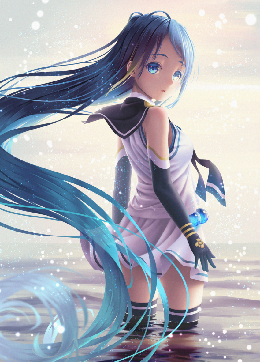 1girl armpit_peek arms_at_side bangs black_legwear blue_eyes blue_hair elbow_gloves floating_hair from_behind from_side gloves gradient_hair hair_ribbon hane_yoshiyumi highres kantai_collection long_hair looking_at_viewer looking_back multicolored_hair neckerchief open_mouth ribbon samidare_(kantai_collection) school_uniform serafuku shirt skirt sleeveless sleeveless_shirt smile solo sparkle standing swept_bangs thigh-highs very_long_hair water wind wind_lift zettai_ryouiki