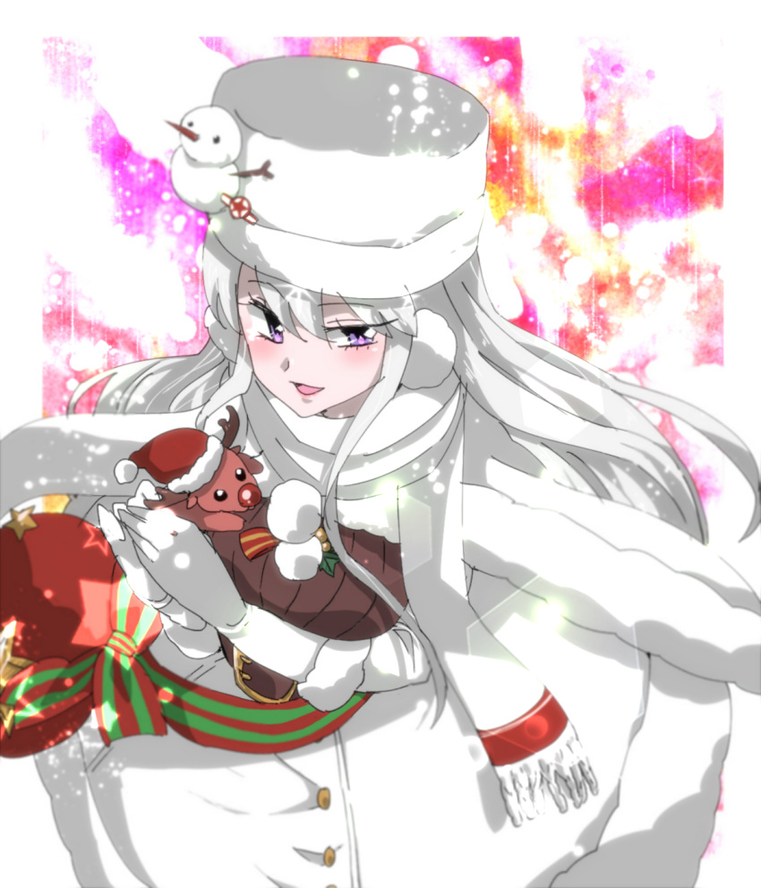 1girl :d azur_lane bangs belt belt_buckle black_belt black_shirt blurry blush breasts buckle buttons christmas depth_of_field earmuffs enterprise_(azur_lane) enterprise_(reindeer_master)_(azur_lane) eyebrows eyebrows_visible_through_hair eyelashes facing_away fur_hat gloves hair_between_eyes hands_together hat hat_ornament highres kumako_(kuma8j) leaf lips long_hair looking_away looking_to_the_side medium_breasts open_mouth pink_lips pom_pom_(clothes) reindeer ribbed_shirt ribbon santa_hat scarf shirt sidelocks skirt smile snowman solo star straight_hair tongue uneven_eyes ushanka violet_eyes white white_gloves white_hair white_hat white_scarf white_skirt