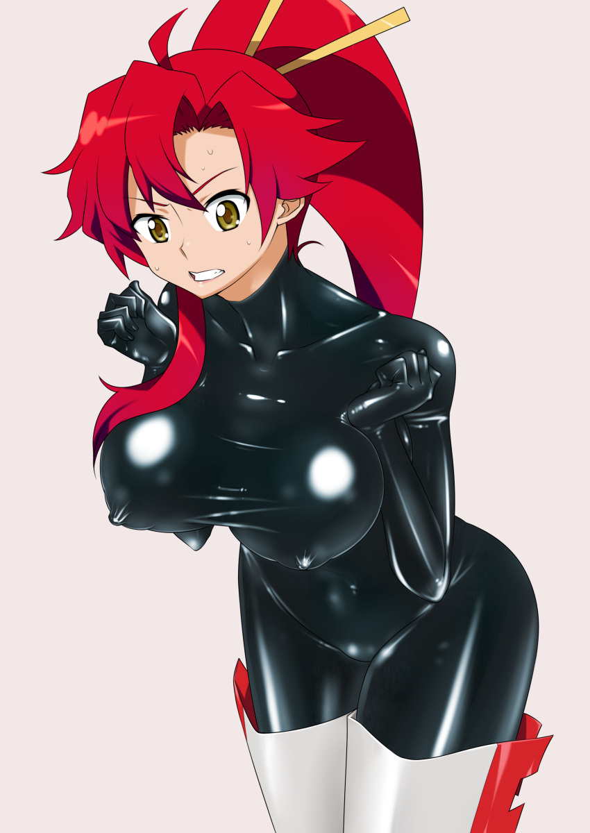 1girl absurdres bodysuit boots breasts clenched_teeth cowboy_shot erect_nipples highres large_breasts long_hair ponytail redhead ryuney solo sweat teeth tengen_toppa_gurren_lagann thigh-highs thigh_boots yellow_eyes yoko_littner