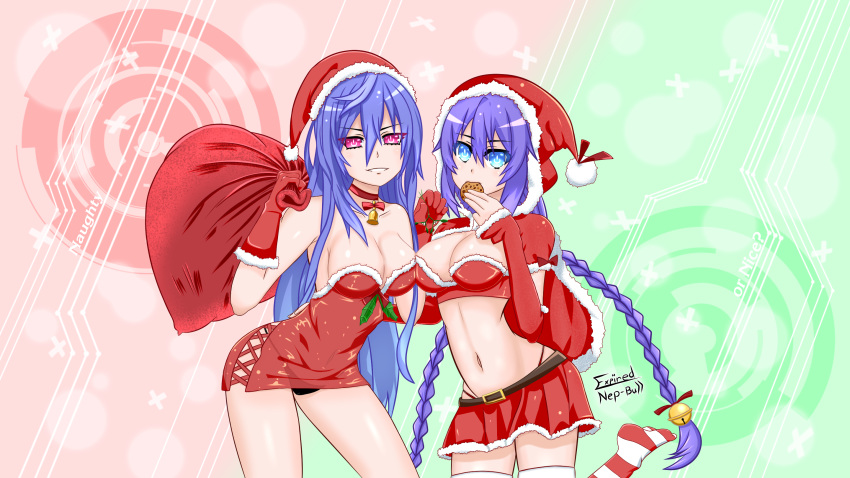 2girls artist_name bag bell bell_collar blue_eyes blue_hair braid breasts christmas cleavage collar collarbone expired-nep-bull hat highres iris_heart kami_jigen_game_neptune_v large_breasts midriff multiple_girls navel neptune_(series) purple_hair purple_heart red_eyes santa_costume santa_hat stomach symbol-shaped_pupils twin_braids