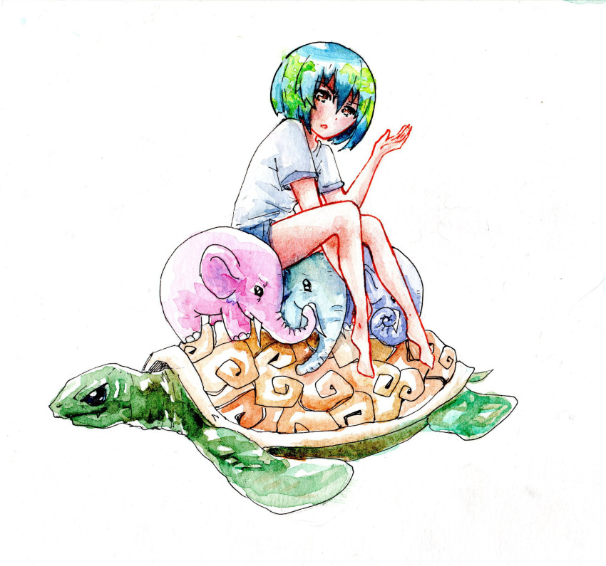 1girl animal aqua_hair artist_request earth-chan_(felipecunhaeloi) elephant highres open_mouth original short_hair shorts turtle