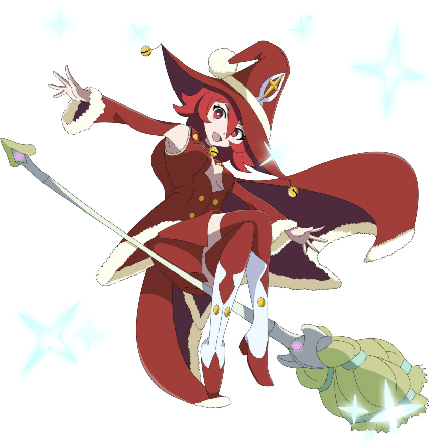 1girl armpits bell broom broom_riding cape christmas full_body fur_trim hat highres jingle_bell little_witch_academia looking_at_viewer open_mouth red_eyes redhead shiny_chariot showers-u solo transparent_background witch_hat