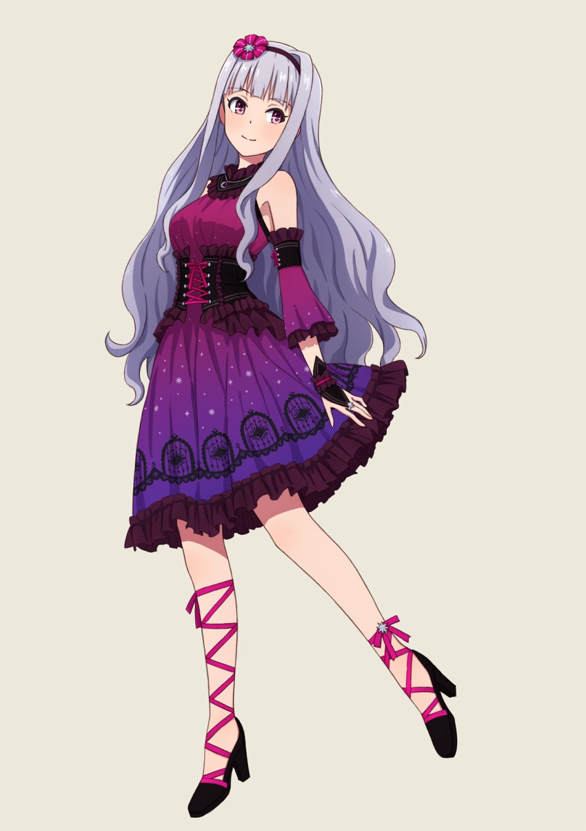 1girl ankle_lace-up ankle_ribbon bangs bare_shoulders black_footwear black_hairband blunt_bangs breasts bridal_gauntlets brown_background closed_mouth corset cross-laced_footwear detached_sleeves dress eyebrows_visible_through_hair frilled_dress frilled_sleeves frills full_body hairband high_heels highres idolmaster idolmaster_(classic) jewelry leg_up long_hair looking_at_viewer medium_breasts necklace pink_eyes pink_ribbon print_dress purple_dress ribbon shijou_takane shiny shiny_hair sidelocks silver_hair simple_background smile solo standing standing_on_one_leg tareme very_long_hair yahiro_(epicopeiidae)