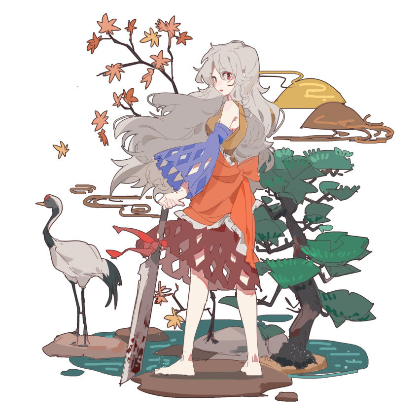 1girl aibivy autumn_leaves bare_shoulders barefoot bird bird_request bow brown_skirt cutout detached_sleeves full_body grey_hair hatchet highres long_hair looking_at_viewer looking_back oriental_hatchet red_bow red_eyes sakata_nemuno skirt smile solo touhou tree white_background