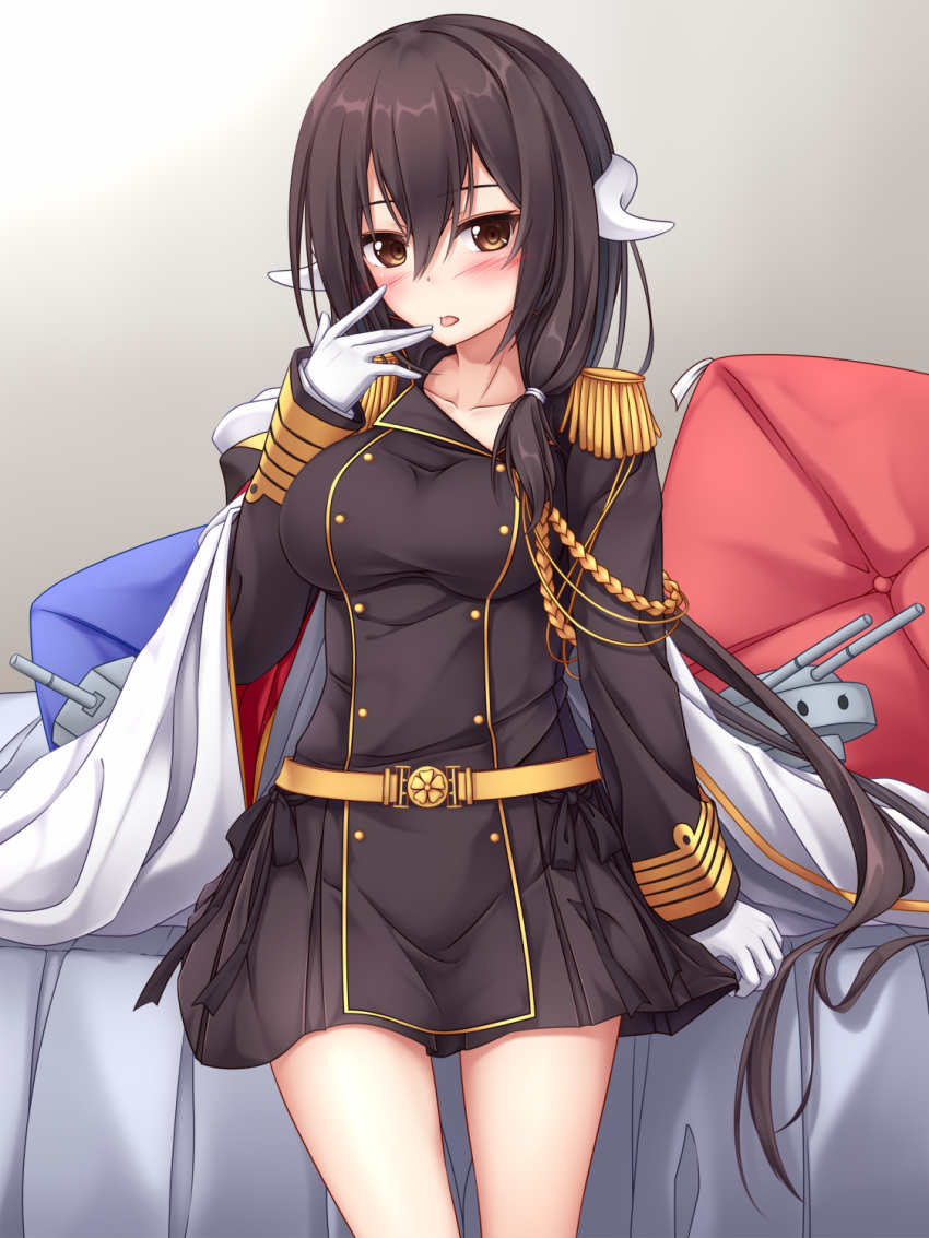 1girl azur_lane blush breasts brown_dress brown_eyes brown_hair dress epaulettes gloves hair_ornament highres impossible_clothes impossible_dress large_breasts long_hair looking_at_viewer machinery mikasa_(azur_lane) open_mouth pillow solo tongue white_gloves yoye_(pastel_white)