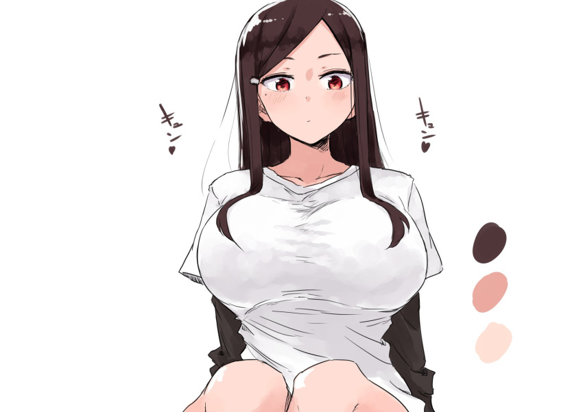 1girl bangs breasts brown_hair closed_mouth color_guide commentary_request hair_ornament hairclip highres huge_breasts long_sleeves looking_at_viewer mole mole_under_eye original parted_bangs red_eyes rucchiifu shirt short_over_long_sleeves short_sleeves sitting sketch solo upper_body white_shirt