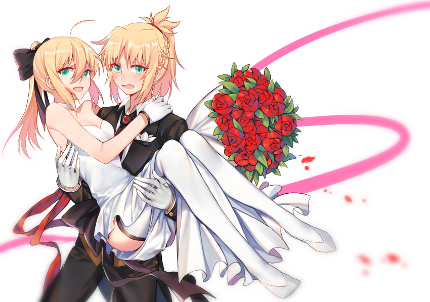 2girls :d absurdres ahoge artoria_pendragon_(all) bangs bare_shoulders black_bow black_pants blonde_hair blurry blush bouquet bow braid breast_pocket breasts carrying cleavage cowboy_shot depth_of_field dress eyebrows_visible_through_hair fang fate/apocrypha fate_(series) flower formal french_braid full_body gem gloves green_eyes hair_between_eyes hair_bow hand_on_another's_shoulder highres looking_at_viewer mordred_(fate) mordred_(fate)_(all) multiple_girls open_mouth pants petals pink_ribbon pocket ponytail princess_carry red_rose ribbon rose rose_petals saber_lily shiny shiny_hair short_hair simple_background small_breasts smile standing strapless strapless_dress suit thigh-highs wedding_dress white_background white_choker white_dress white_footwear white_gloves white_legwear wife_and_wife yorukun yuri