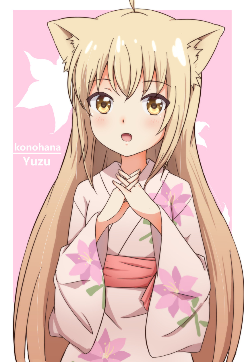 1girl :d animal_ears bangs blonde_hair blush character_name commentary_request copyright_name eyebrows_visible_through_hair fang fingernails floral_print fox_ears hair_between_eyes highres interlocked_fingers japanese_clothes kimono konohana_kitan long_hair looking_at_viewer open_mouth pink_background pink_kimono print_kimono smile solo two-tone_background very_long_hair white_background x-6 yellow_eyes yuzu_(konohana_kitan)