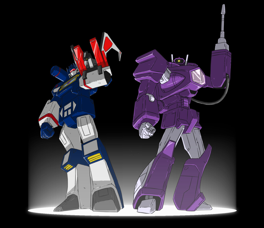 3boys 80s arm_cannon artist_request bird cannon dark_background decepticon eagle full_body glowing highres insignia laserbeak looking_at_viewer multiple_boys no_humans oldschool red_eyes shockwave_(transformers) soundwave transformers weapon