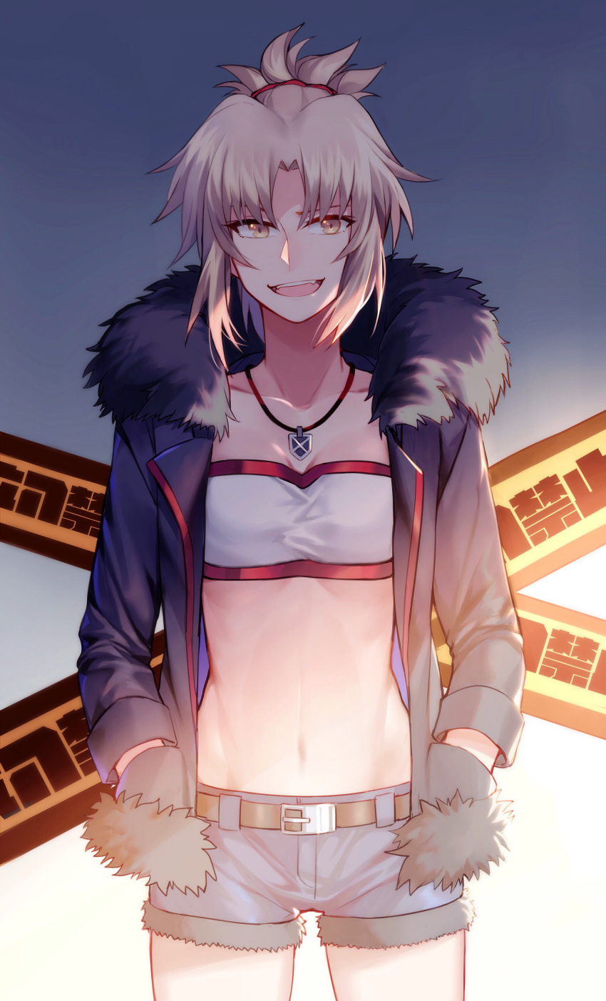1girl :d absurdres bangs belt belt_buckle black_jacket blonde_hair blue_shorts breasts buckle cleavage collarbone cowboy_shot cutoffs denim denim_shorts fate/apocrypha fate_(series) fur-trimmed_jacket fur_collar fur_trim gradient gradient_background green_eyes grey_background hands_in_pockets highres jacket jewelry legs_apart light long_sleeves looking_at_viewer mordred_(fate) mordred_(fate)_(all) navel necklace open_clothes open_jacket open_mouth parted_bangs pendant ponytail short_hair shorts small_breasts smile solo standing stomach strapless teeth tubetop yellow_eyes yorukun