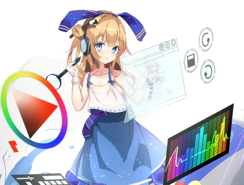 1girl :o azur_lane bangs bare_arms bare_shoulders blue_eyes blue_ribbon blue_skirt blush camisole collarbone eyebrows_visible_through_hair gloves hair_between_eyes hair_bun hair_ribbon head_tilt headphones holding holding_stylus light_brown_hair long_hair looking_at_viewer magnifying_glass original paintbrush parted_lips ribbon seero side_bun single_glove skirt solo stylus unicorn_(azur_lane) white_camisole white_gloves