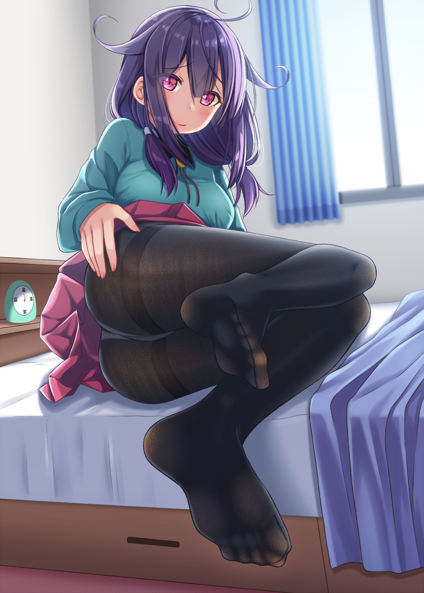 1girl ahoge alarm_clock alternate_costume aqua_shirt ass bed_sheet blanket blush breasts clock closed_mouth eyebrows_visible_through_hair feet fine_fabric_emphasis full_body gurande_(g-size) hand_on_own_ass highres indoors kantai_collection legs long_hair long_sleeves looking_at_viewer low_twintails lying medium_breasts nail_polish no_shoes on_bed on_side panties panties_under_pantyhose pantyhose pink_eyes pink_nails pink_skirt purple_hair raised_eyebrows remodel_(kantai_collection) ryuuhou_(kantai_collection) shiny shiny_hair shirt skirt skirt_lift smile soles solo taigei_(kantai_collection) thighband_pantyhose twintails underwear upper_body white_panties