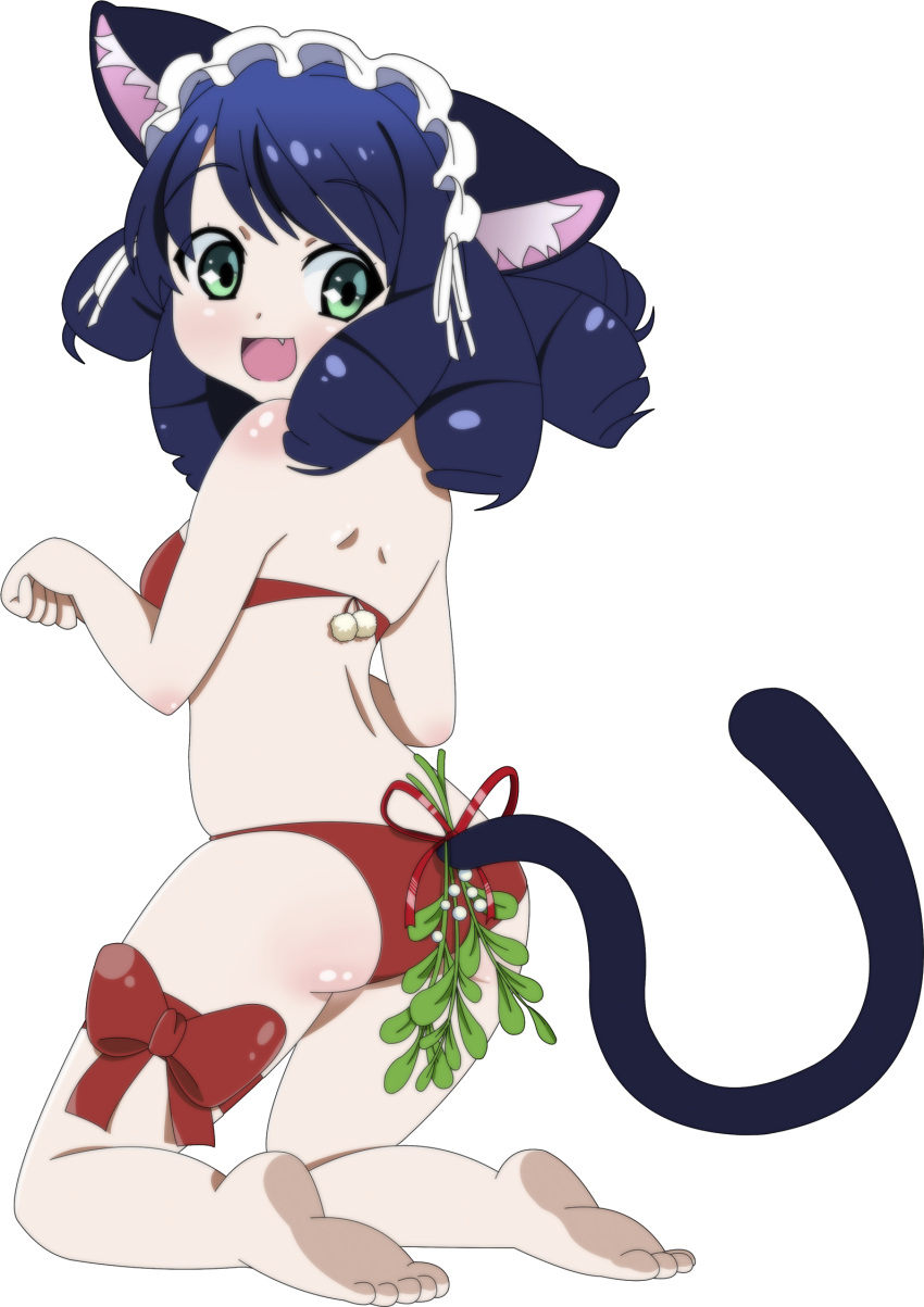 animal_ears aqua_eyes back bikini blue_hair cat_ears cat_tail christmas curly_hair cyan_(show_by_rock!!) fang feet highres kneeling looking_back maid_headdress mistletoe open_mouth paw_pose santa_bikini show_by_rock!! showers-u smile swimsuit tail thigh_bow toes transparent_background