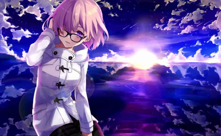 1girl arm_up between_legs black-framed_eyewear black_legwear black_skirt clouds cloudy_sky commentary_request falling_star fate/grand_order fate_(series) fujikiri_yana glasses hair_over_one_eye hand_between_legs hand_in_hair head_tilt highres long_sleeves looking_at_viewer mash_kyrielight pantyhose parted_lips pink_hair plaid plaid_skirt reflection shielder_(fate/grand_order) short_hair sitting skirt sky smile solo star_(sky) starry_sky sun sunset violet_eyes white_coat