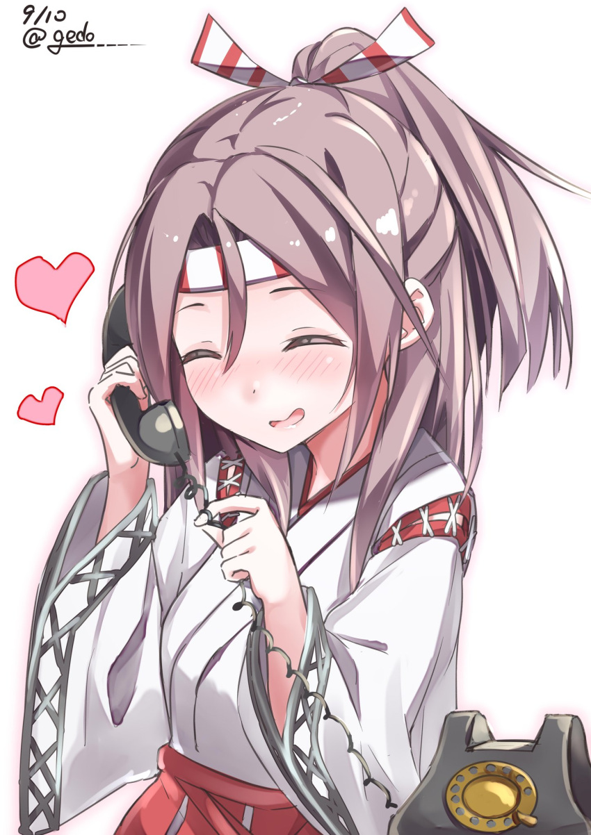 1girl blush breasts closed_eyes dated getou grey_hair hachimaki hair_ribbon headband heart high_ponytail highres holding holding_phone kantai_collection long_hair open_mouth phone ponytail ribbon rotary_phone simple_background small_breasts smile solo twitter_username upper_body white_background wide_sleeves zuihou_(kantai_collection)