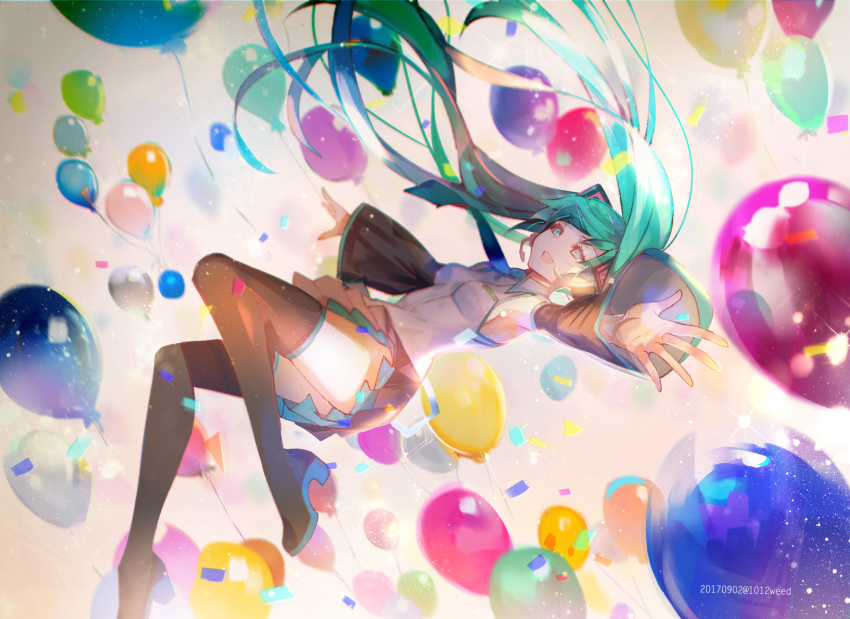 1girl :d aqua_hair balloon black_footwear black_legwear black_skirt blurry boots breasts confetti dated depth_of_field detached_sleeves falling hatsune_miku headset highres long_hair open_mouth outstretched_arms pleated_skirt shirt skirt sleeveless sleeveless_shirt small_breasts smile solo thigh-highs thigh_boots twintails twitter_username vocaloid weed_(astarone)