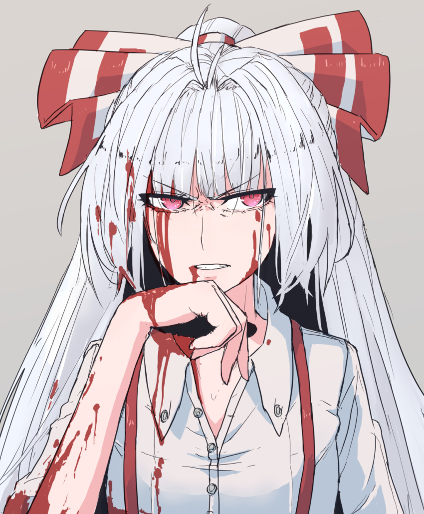 1girl antenna_hair bangs blood blood_from_mouth blood_on_face bloody_clothes bloody_hands blue_hair bow collared_shirt commentary_request dress_shirt eyebrows_visible_through_hair frown fujiwara_no_mokou furrowed_eyebrows grey_background grey_shirt hair_bow hakuro109 highres long_hair looking_at_viewer parted_lips pink_eyes shirt simple_background solo suspenders touhou wing_collar wiping_mouth