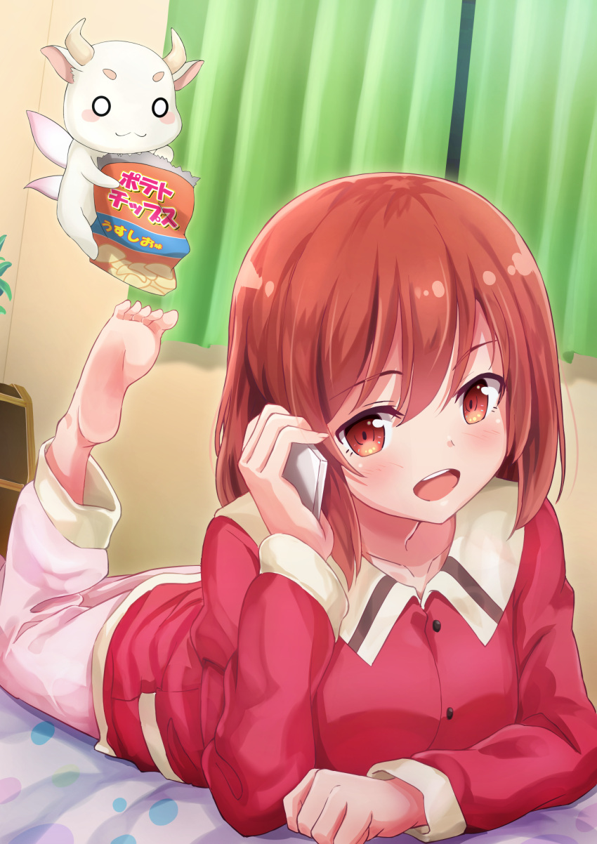1girl :3 :d barefoot bed bedroom blush blush_stickers cellphone chips clenched_hand closed_mouth collarbone commentary_request curtains dbmaster eyebrows_visible_through_hair fairy food gyuuki_(yuyuyu) hair_down head_tilt highres holding holding_phone horns indoors leg_up long_sleeves looking_at_viewer o_o on_bed open_mouth pajamas phone potato_chips red_eyes redhead smartphone smile v-shaped_eyebrows yuuki_yuuna yuuki_yuuna_wa_yuusha_de_aru yuusha_de_aru