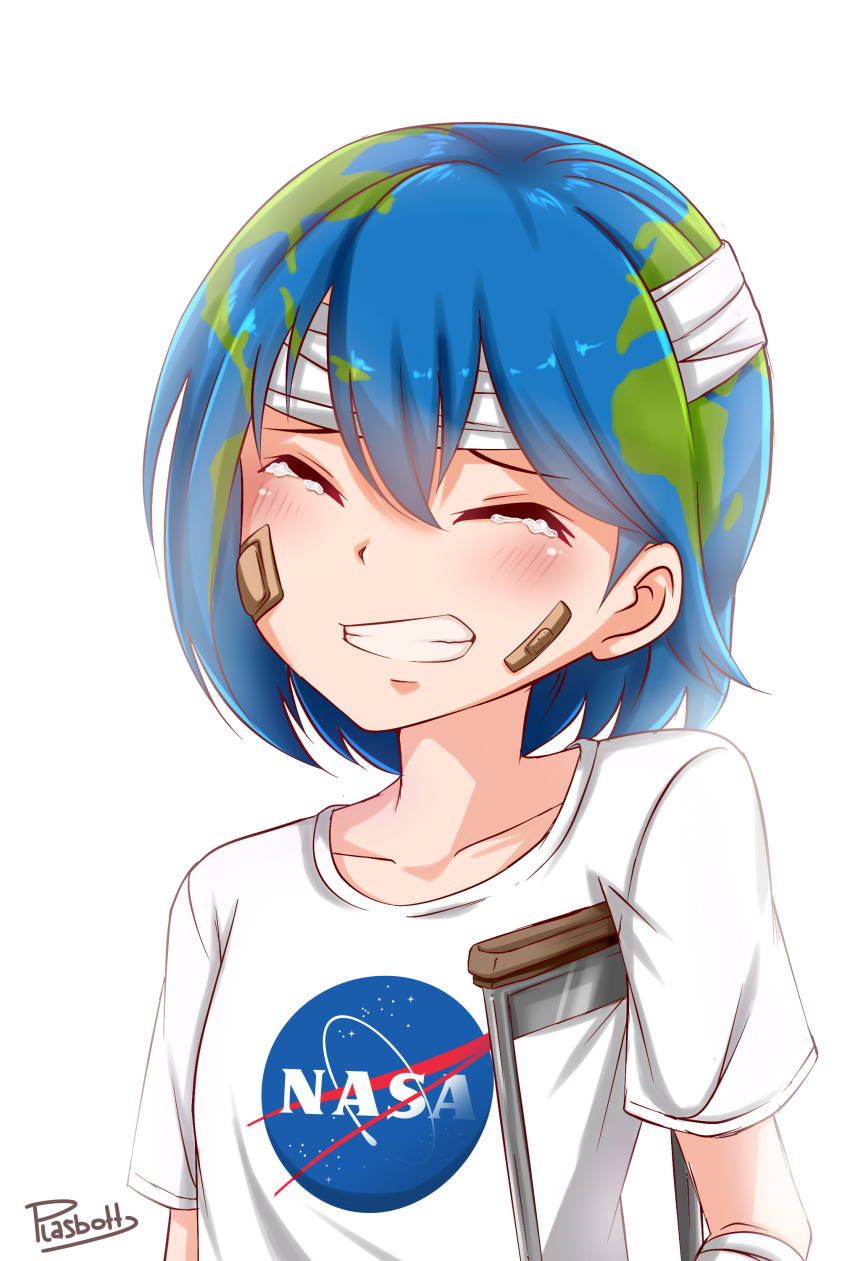 1girl ^_^ absurdres artist_name bandage bandaged_head bandaid bandaid_on_face blue_hair blush closed_eyes collarbone crutch crying earth facing_viewer green_hair grin highres multicolored_hair nasa original personification plasbott shirt short_hair simple_background smile solo tears teeth two-tone_hair white_background white_shirt