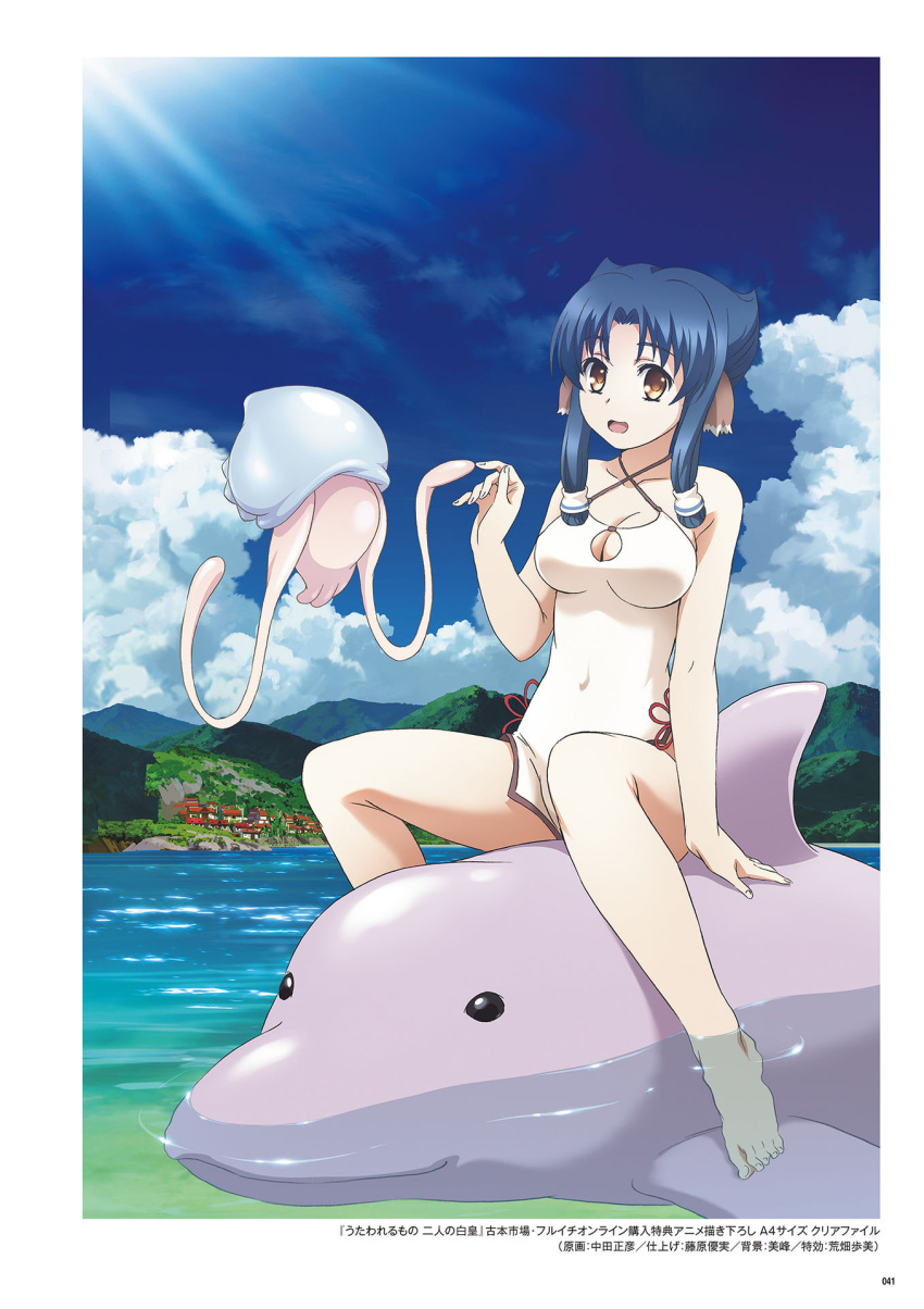1girl arm_support barefoot blue_hair blue_sky breasts brown_eyes character_request cleavage cleavage_cutout clouds covered_navel day dolphin eyebrows_visible_through_hair feet hair_ornament halterneck highres medium_breasts nakata_masahiko one-piece_swimsuit open_mouth outdoors page_number red_ribbon ribbon scan short_hair_with_long_locks sidelocks sitting sky solo swimsuit toes translation_request utawareru_mono utawareru_mono:_itsuwari_no_kamen water white_swimsuit