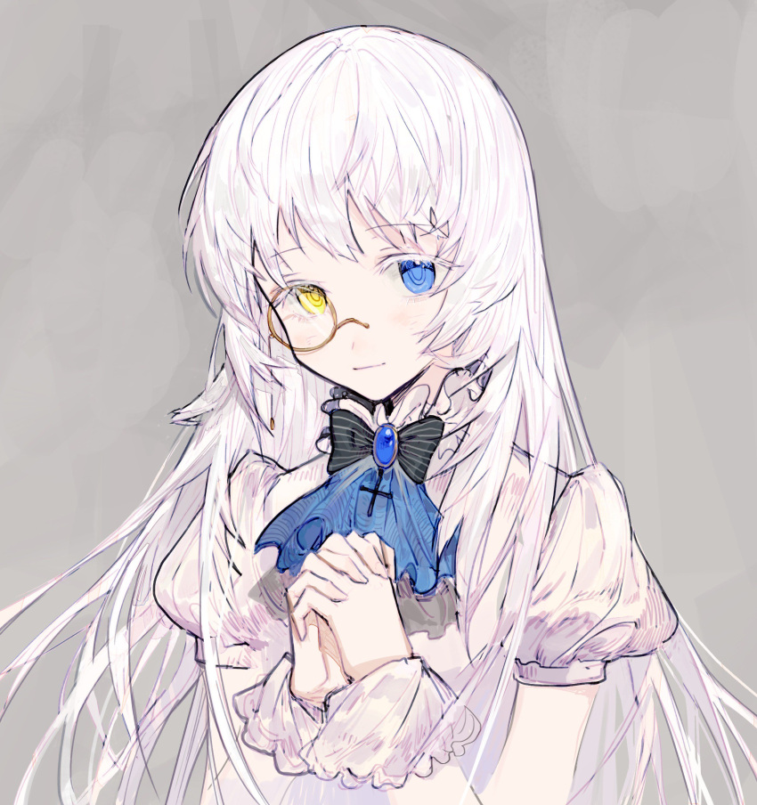 1girl absurdres bangs blue_eyes blue_neckwear closed_mouth copyright_request cravat eyebrows_visible_through_hair gem grey_hair hands_clasped heterochromia highres interlocked_fingers looking_at_viewer monocle own_hands_together puffy_short_sleeves puffy_sleeves rosette_(yankaixuan) short_sleeves smile solo upper_body white_hair wrist_cuffs yellow_eyes