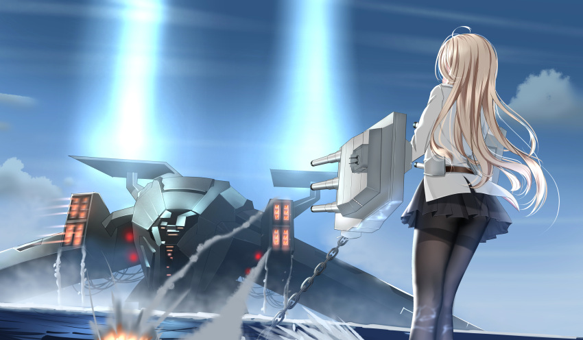 1girl alternate_legwear battleship_(movie) black_legwear black_skirt blonde_hair cannon chains clouds commentary_request crossover day highres jacket lazy_guang_guang long_hair missouri_(zhan_jian_shao_nyu) ocean outdoors pantyhose pleated_skirt skirt sky turret ufo white_jacket zhan_jian_shao_nyu