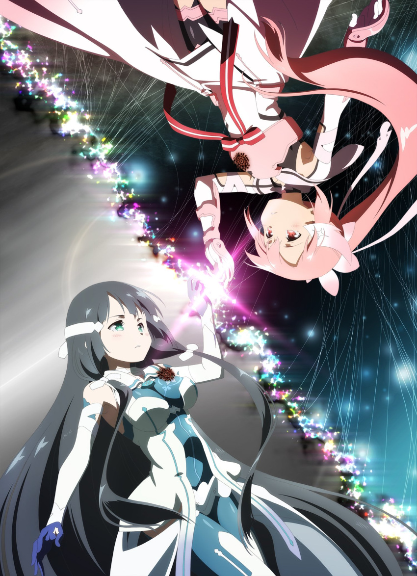 2girls armor black_hair bodysuit breasts dress gauntlets gloves green_eyes hair_ribbon highres long_hair medium_breasts multiple_girls pink_hair red_eyes ribbon touching tougou_mimori very_long_hair yuuki_yuuna yuuki_yuuna_wa_yuusha_de_aru yuusha_de_aru