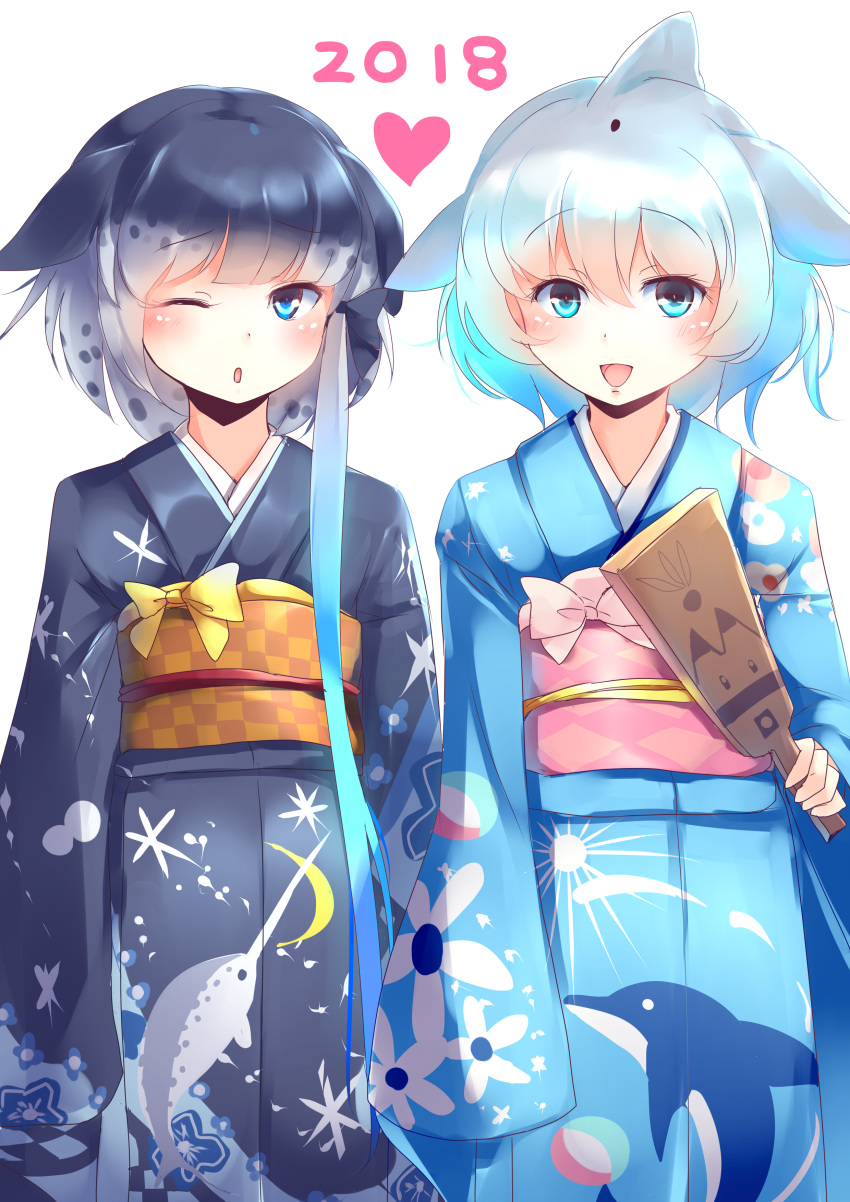 2girls :d :o absurdres animal_ears bangs blue_eyes blue_kimono blush commentary_request common_bottlenose_dolphin_(kemono_friends) dolphin dorsal_fin eyebrows_visible_through_hair head_fins highres japanese_clothes kanzakietc kemono_friends kimono looking_at_viewer multiple_girls narwhal narwhal_(kemono_friends) obi one_eye_closed open_mouth parted_lips sash short_hair smile standing transparent_background