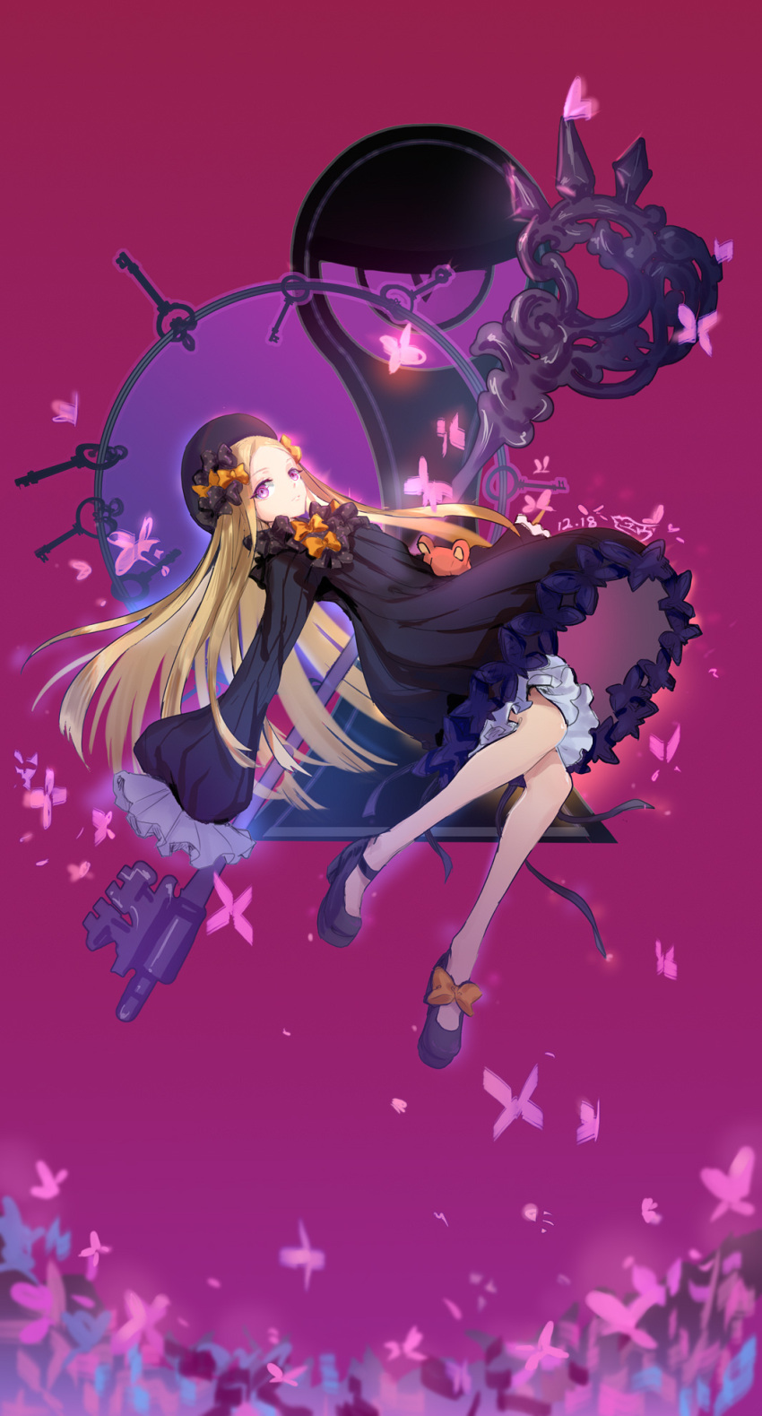 1girl abigail_williams_(fate/grand_order) asukayou bangs black_bow black_dress black_footwear black_hat blonde_hair bloomers bow butterfly commentary_request dated dress fate/grand_order fate_(series) forehead hair_bow hat highres key long_hair long_sleeves looking_at_viewer looking_to_the_side orange_bow oversized_object parted_bangs polka_dot polka_dot_bow purple_background shoes signature sleeves_past_wrists solo stuffed_animal stuffed_toy teddy_bear underwear very_long_hair violet_eyes white_bloomers
