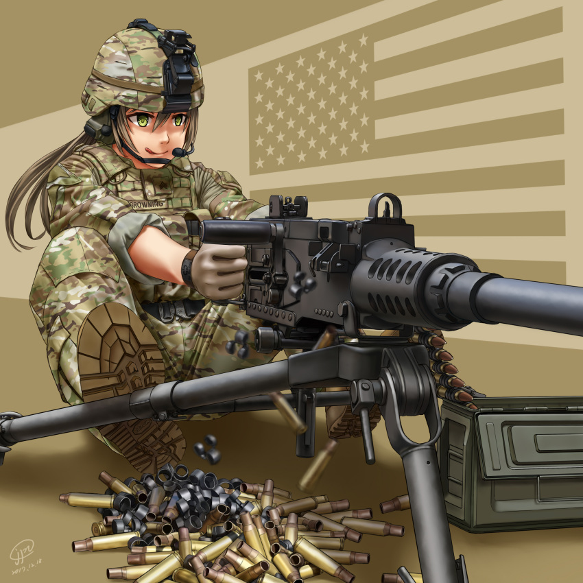 1girl aiming american_flag ammo_box ammunition_belt boots brown_hair browning_m2 camouflage combat_boots commentary full_body gloves green_eyes gun headset heavy_machine_gun helmet highres jpc licking_lips load_bearing_vest long_hair machine_gun military military_uniform original shell_casing sleeves_rolled_up solo tongue tongue_out uniform weapon